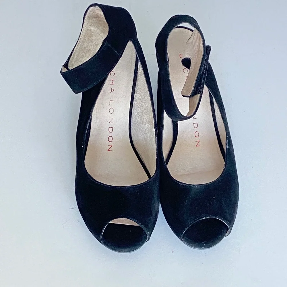 Sacha London Black Suede Peep Toe Wedge Sandals Ankle Strap Womens 7.5 Hand Made